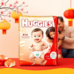 A beautifully designed packaging for Huggies diaper pants focused on Vietnamese traditional Tet celebration, featuring a cheerful baby wearing the cute diaper pants, surrounded by festive decorations like peach blossoms and lanterns