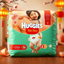 A beautifully designed packaging for Huggies diaper pants focused on Vietnamese traditional Tet celebration, featuring a cheerful baby wearing the cute diaper pants, surrounded by festive decorations like peach blossoms and lanterns