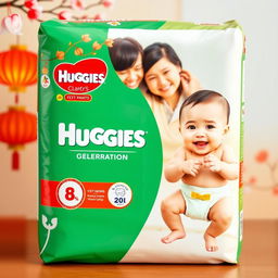 A beautifully designed packaging for Huggies diaper pants focused on Vietnamese traditional Tet celebration, featuring a cheerful baby wearing the cute diaper pants, surrounded by festive decorations like peach blossoms and lanterns