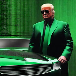 A top-notch, digital art image of Donald Trump in the style of an NFT, combining elements from The Matrix and Formula 1 racing