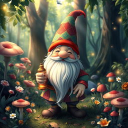 A whimsical portrayal of a cheerful, colorful gnome, standing amidst a lush, enchanted forest