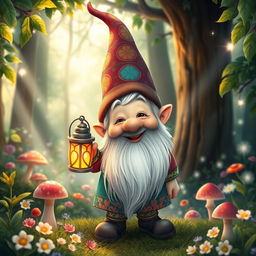 A whimsical portrayal of a cheerful, colorful gnome, standing amidst a lush, enchanted forest