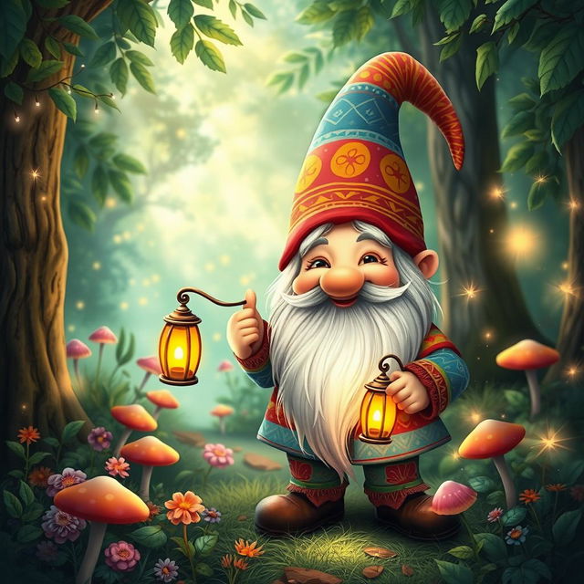 A whimsical portrayal of a cheerful, colorful gnome, standing amidst a lush, enchanted forest