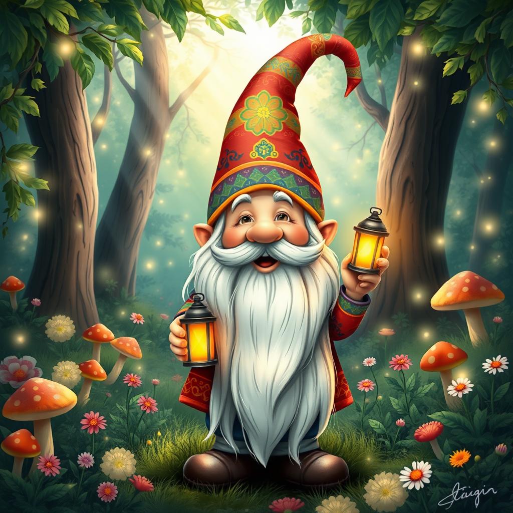 A whimsical portrayal of a cheerful, colorful gnome, standing amidst a lush, enchanted forest