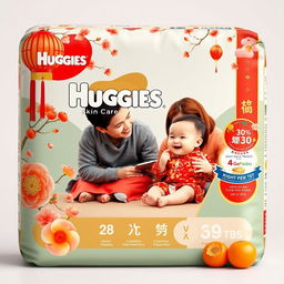 A captivating design for Huggies skin care diaper pants packaging inspired by traditional Vietnamese Tet celebrations