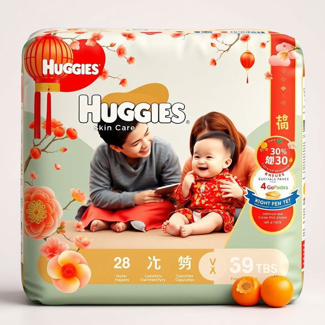 A captivating design for Huggies skin care diaper pants packaging inspired by traditional Vietnamese Tet celebrations