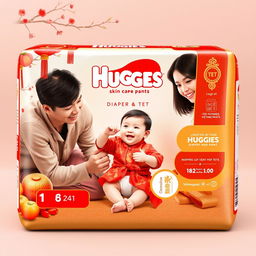 A captivating design for Huggies skin care diaper pants packaging inspired by traditional Vietnamese Tet celebrations