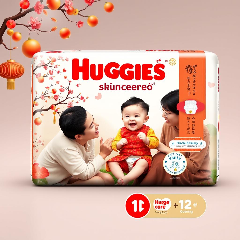 A captivating design for Huggies skin care diaper pants packaging inspired by traditional Vietnamese Tet celebrations