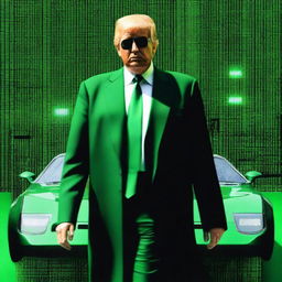 A top-notch, digital art image of Donald Trump in the style of an NFT, combining elements from The Matrix and Formula 1 racing