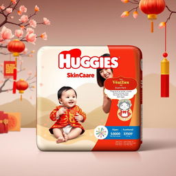 A captivating design for Huggies skin care diaper pants packaging inspired by traditional Vietnamese Tet celebrations