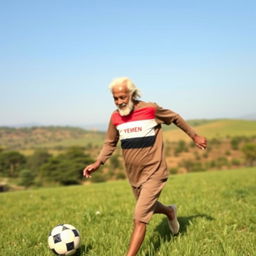 An elderly, handsome white man with white hair, representing Yemen, playing soccer in a rural field