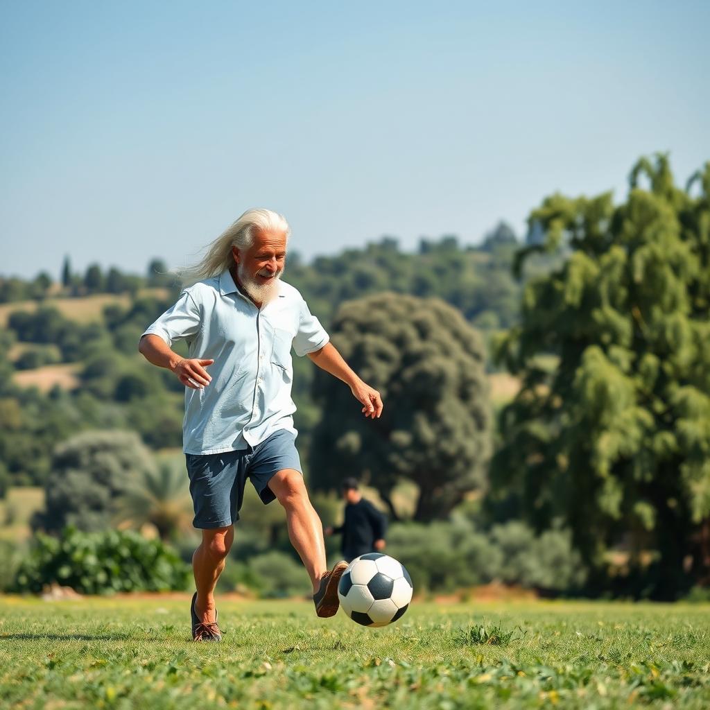 An elderly, handsome white man with white hair, representing Yemen, playing soccer in a rural field