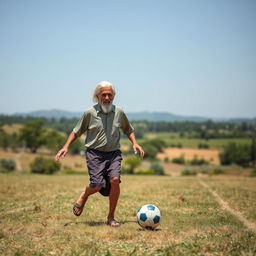 An elderly, handsome white man with white hair, representing Yemen, playing soccer in a rural field