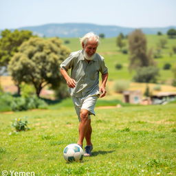 An elderly, handsome white man with white hair, representing Yemen, playing soccer in a rural field