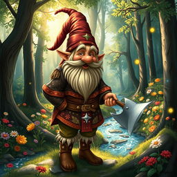 A detailed depiction of a whimsical dwarf, complete with a long, flowing beard, a vibrant and intricately designed tunic adorned with patterns of leaves and stars
