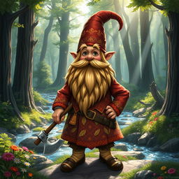 A detailed depiction of a whimsical dwarf, complete with a long, flowing beard, a vibrant and intricately designed tunic adorned with patterns of leaves and stars