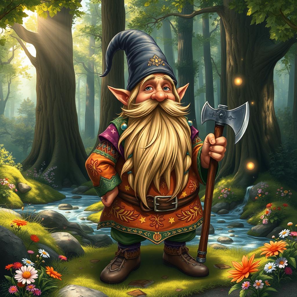 A detailed depiction of a whimsical dwarf, complete with a long, flowing beard, a vibrant and intricately designed tunic adorned with patterns of leaves and stars