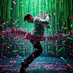 In slow motion, a male figure reminiscent of Neo from The Matrix, bends backward in an iconic dodge, evading a barrage of colorful 'Happy New Year' streamers and confetti instead of bullets