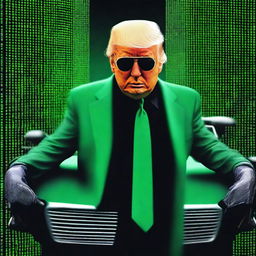 A top-notch, digital art image of Donald Trump in the style of an NFT, combining elements from The Matrix and Formula 1 racing