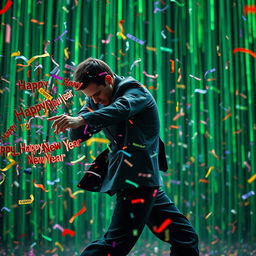 In slow motion, a male figure reminiscent of Neo from The Matrix, bends backward in an iconic dodge, evading a barrage of colorful 'Happy New Year' streamers and confetti instead of bullets