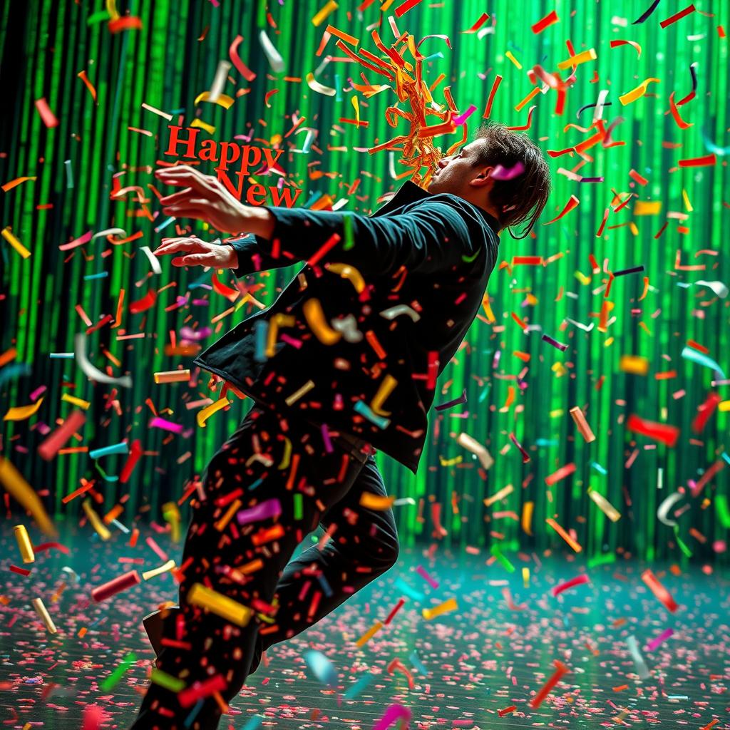 In slow motion, a male figure reminiscent of Neo from The Matrix, bends backward in an iconic dodge, evading a barrage of colorful 'Happy New Year' streamers and confetti instead of bullets