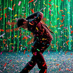 In slow motion, a male figure reminiscent of Neo from The Matrix, bends backward in an iconic dodge, evading a barrage of colorful 'Happy New Year' streamers and confetti instead of bullets