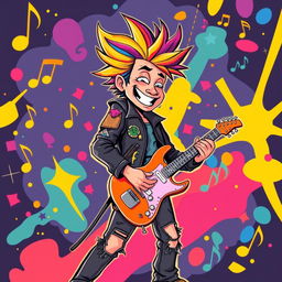 A vibrant and playful illustration of a rock musician playing an electric guitar in the style of IncrediBox