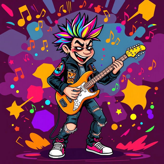 A vibrant and playful illustration of a rock musician playing an electric guitar in the style of IncrediBox