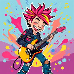 A vibrant and playful illustration of a rock musician playing an electric guitar in the style of IncrediBox