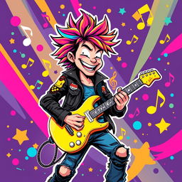 A vibrant and playful illustration of a rock musician playing an electric guitar in the style of IncrediBox