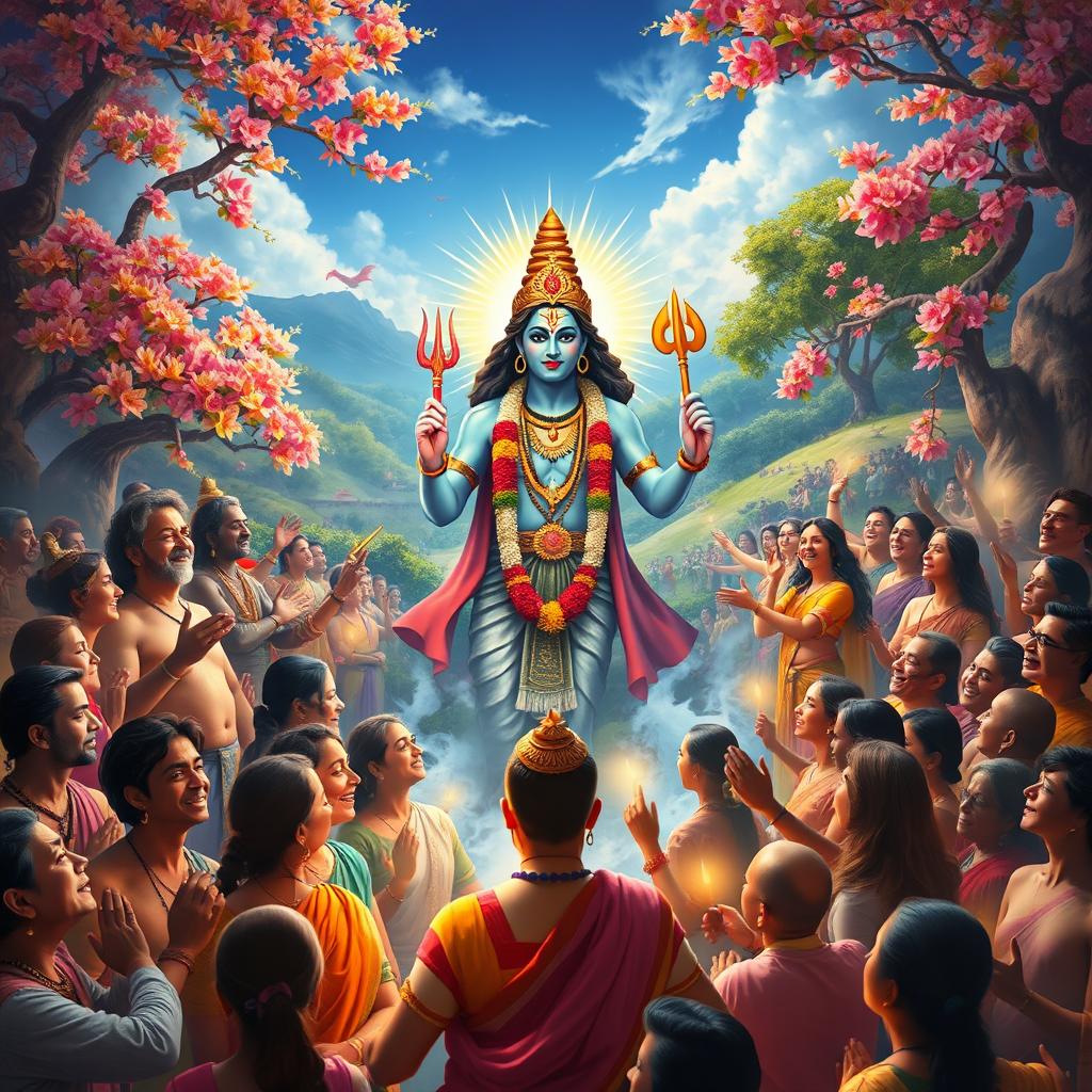 A vibrant scene of celebration following the demise of Tripurasura, depicting joyous gods and mortals gathered together in adoration of Lord Shiva