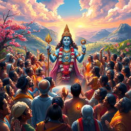 A vibrant scene of celebration following the demise of Tripurasura, depicting joyous gods and mortals gathered together in adoration of Lord Shiva