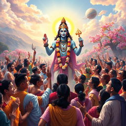 A vibrant scene of celebration following the demise of Tripurasura, depicting joyous gods and mortals gathered together in adoration of Lord Shiva