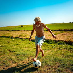 An attractive, elderly white man with white hair, not wearing any clothes, playing soccer on a rural field