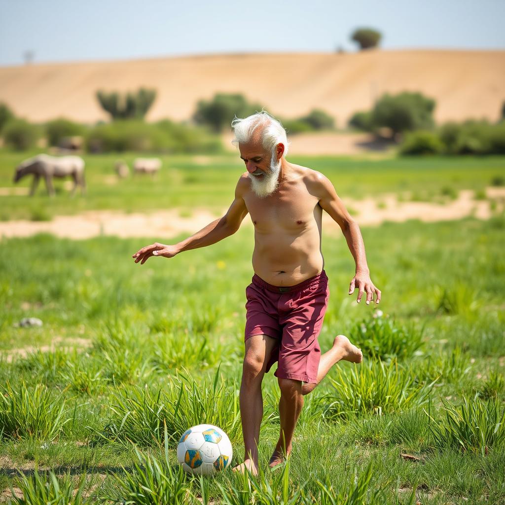 An attractive, elderly white man with white hair, not wearing any clothes, playing soccer on a rural field