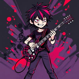 A lively and expressive illustration of an emo rock musician playing an electric guitar in the style of IncrediBox