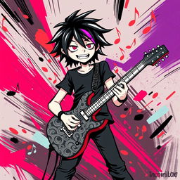A lively and expressive illustration of an emo rock musician playing an electric guitar in the style of IncrediBox