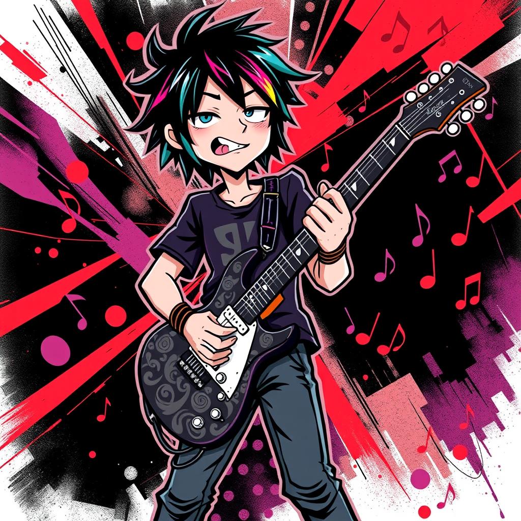 A lively and expressive illustration of an emo rock musician playing an electric guitar in the style of IncrediBox