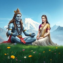A serene scene depicting Lord Shiva smiling softly as he sits in meditation on Mount Kailash, surrounded by the majestic snowy peaks and a tranquil blue sky