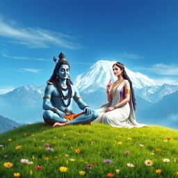 A serene scene depicting Lord Shiva smiling softly as he sits in meditation on Mount Kailash, surrounded by the majestic snowy peaks and a tranquil blue sky