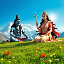 A serene scene depicting Lord Shiva smiling softly as he sits in meditation on Mount Kailash, surrounded by the majestic snowy peaks and a tranquil blue sky