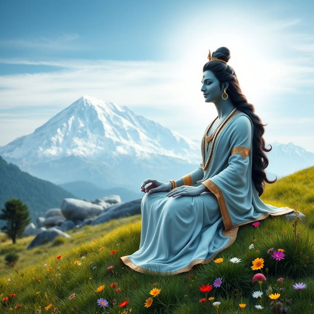 A serene scene depicting Lord Shiva smiling softly as he sits in meditation on Mount Kailash, surrounded by the majestic snowy peaks and a tranquil blue sky
