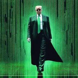 A high-quality, digital art image of Donald Trump in the style of an NFT, combining elements from The Matrix and a mobile theme