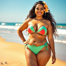 An elegant slightly plump Indian woman confidently wearing a stylish two-piece bikini, showcasing vibrant colors
