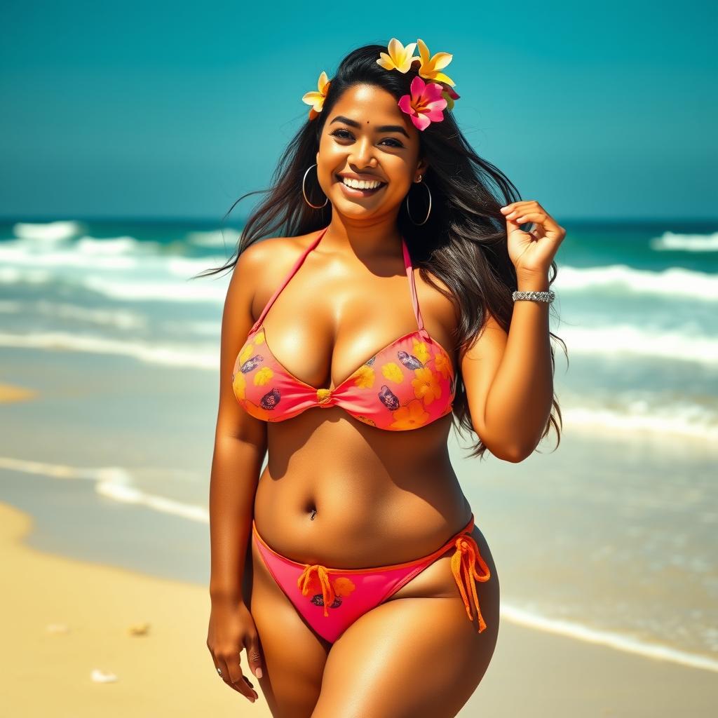 An elegant slightly plump Indian woman confidently wearing a stylish two-piece bikini, showcasing vibrant colors