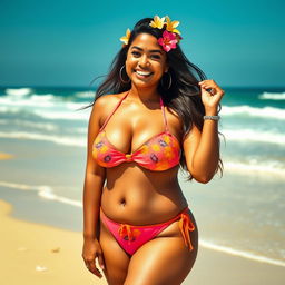 An elegant slightly plump Indian woman confidently wearing a stylish two-piece bikini, showcasing vibrant colors