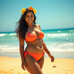 An elegant slightly plump Indian woman confidently wearing a stylish two-piece bikini, showcasing vibrant colors