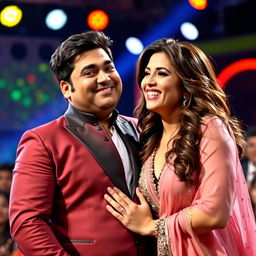 A humorous scene featuring a charismatic Indian comedian Kapil Sharma, with a playful expression, as he is comically being kissed on the cheek by a glamorous Bollywood actress Sunny Leone