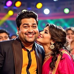 A humorous scene featuring a charismatic Indian comedian Kapil Sharma, with a playful expression, as he is comically being kissed on the cheek by a glamorous Bollywood actress Sunny Leone