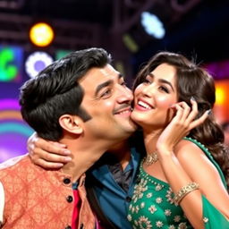 A humorous scene featuring a charismatic Indian comedian Kapil Sharma, with a playful expression, as he is comically being kissed on the cheek by a glamorous Bollywood actress Sunny Leone